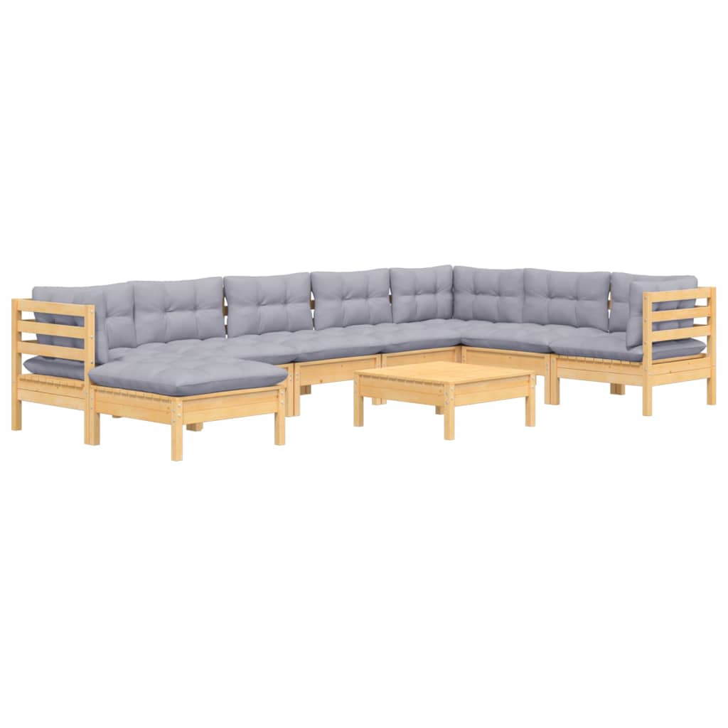 Set Divani da Giardino 9 pz con Cuscini Grigi Massello di Pino