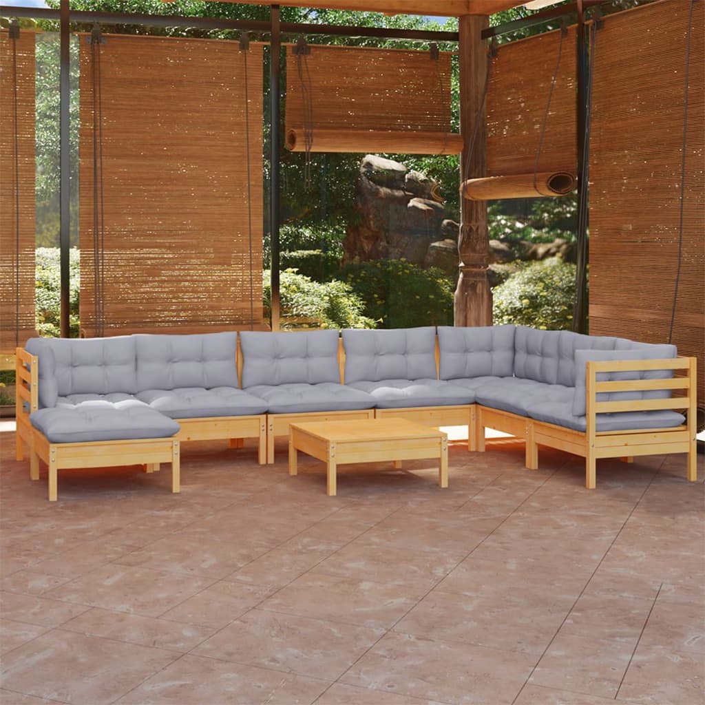 Set Divani da Giardino 9 pz con Cuscini Grigi Massello di Pino