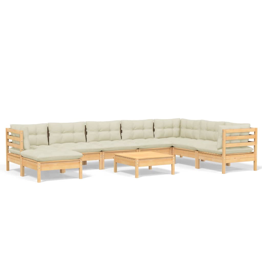 Set Divani da Giardino 9 pz con Cuscini Crema in Massello di Pino