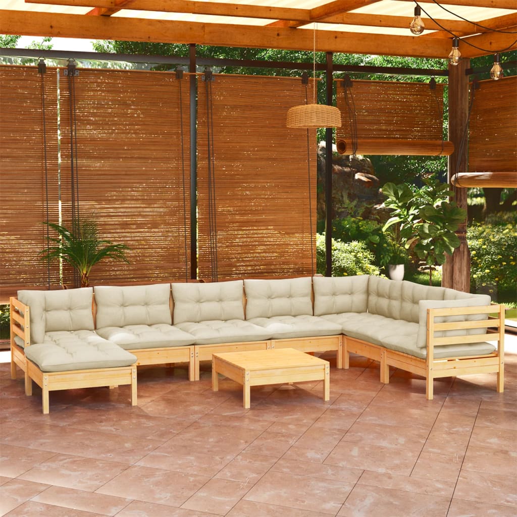 Set Divani da Giardino 9 pz con Cuscini Crema in Massello di Pino