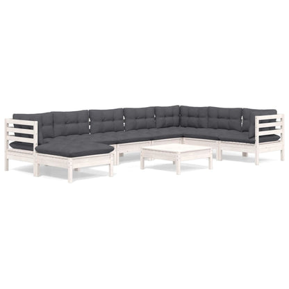 Set Divani da Giardino 9 pz con Cuscini Bianchi Legno di Pino