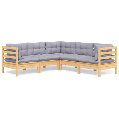 Set Divani da Giardino 5 pz con Cuscini Grigi Massello di Pino