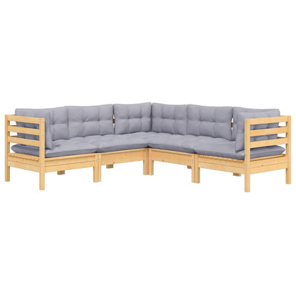 Set Divani da Giardino 5 pz con Cuscini Grigi Massello di Pino