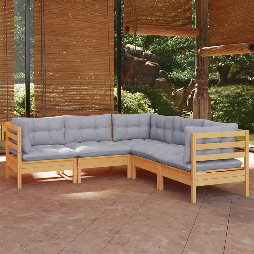 Set Divani da Giardino 5 pz con Cuscini Grigi Massello di Pino