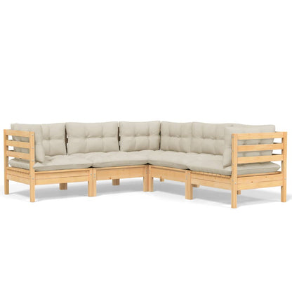 Set Divani da Giardino 5 pz con Cuscini Crema in Massello di Pino