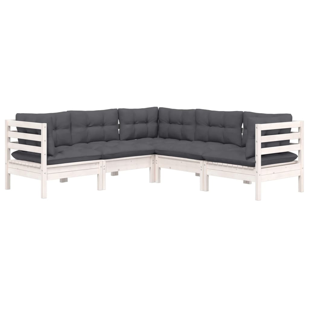 Set Divani da Giardino 5 pz con Cuscini Bianchi Legno di Pino