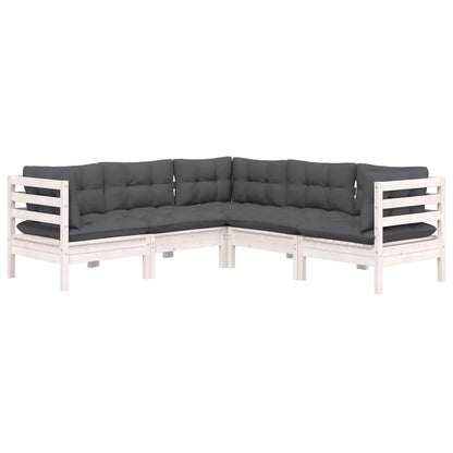 Set Divani da Giardino 5 pz con Cuscini Bianchi Legno di Pino