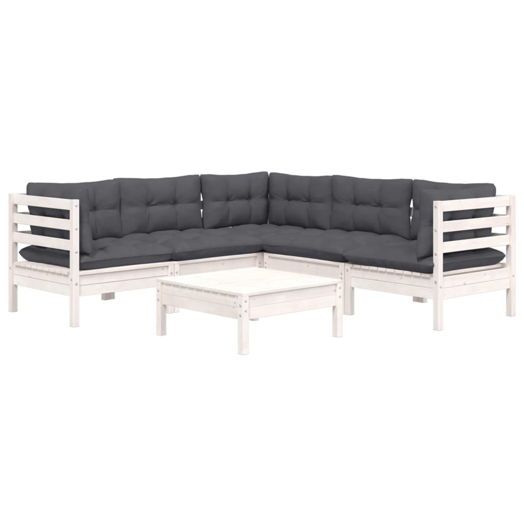 Set Divani da Giardino 6 pz con Cuscini Bianchi Legno di Pino