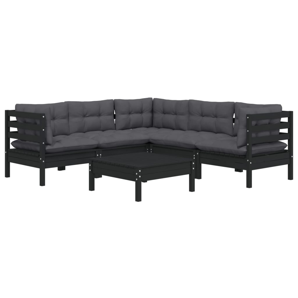 Set Divani da Giardino 6 pz con Cuscini Neri in Legno di Pino
