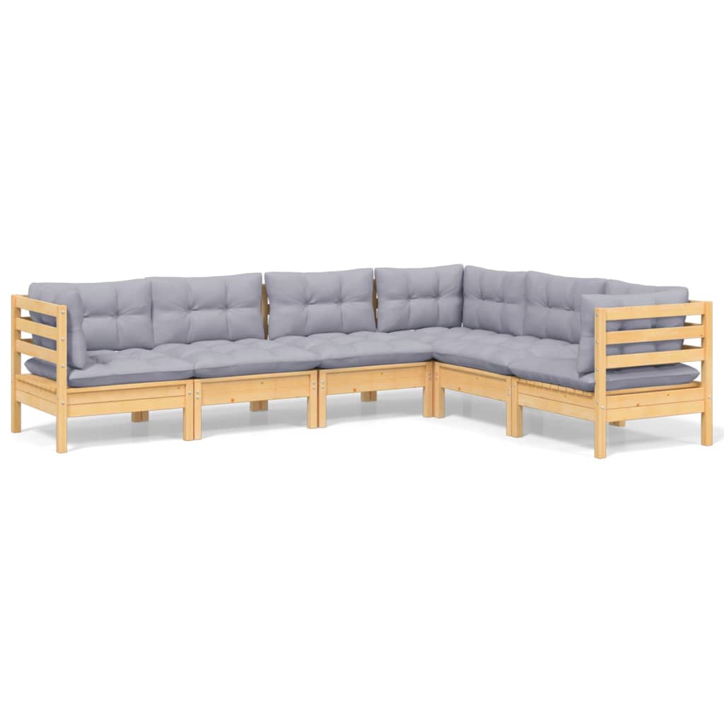 Set Divani da Giardino 6 pz con Cuscini Grigi Massello di Pino