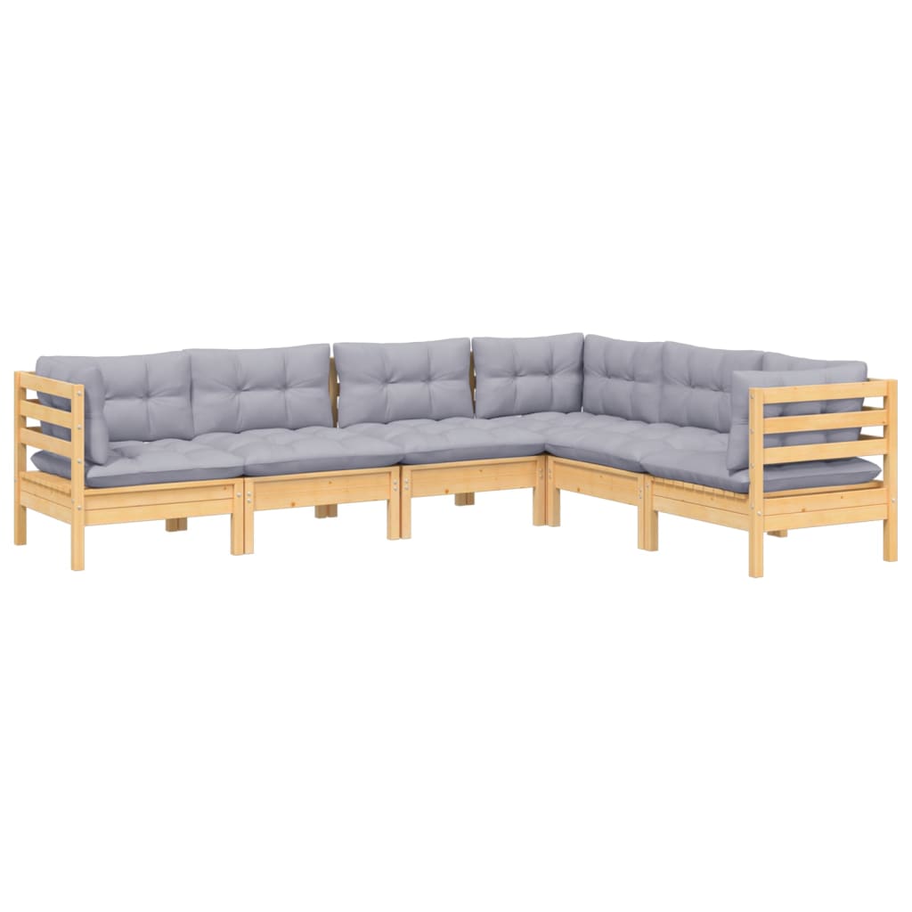 Set Divani da Giardino 6 pz con Cuscini Grigi Massello di Pino