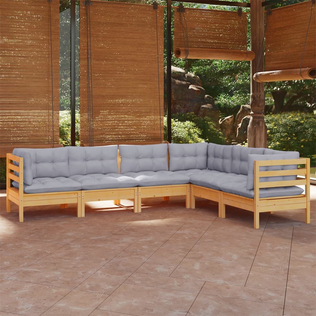 Set Divani da Giardino 6 pz con Cuscini Grigi Massello di Pino
