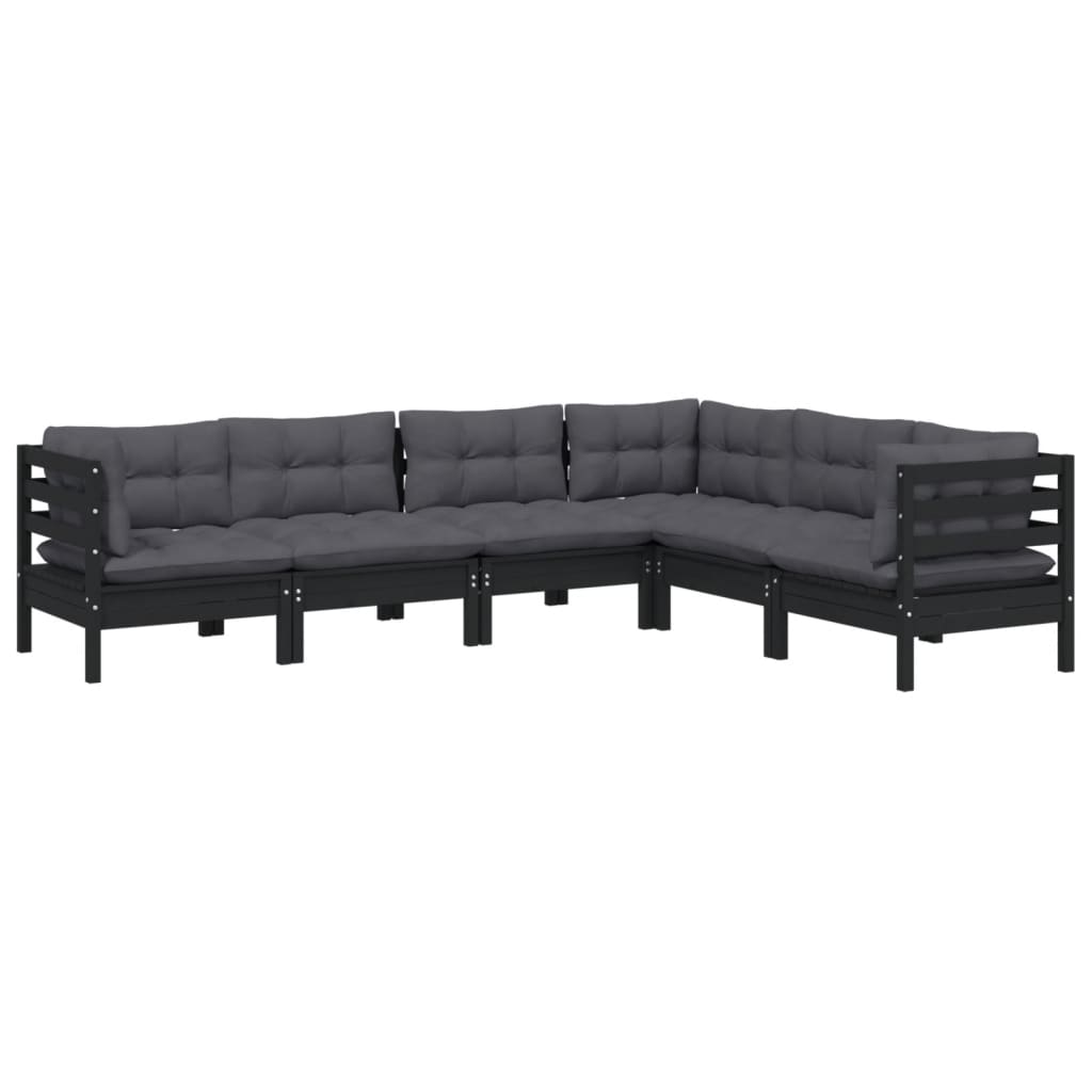 Set Divani da Giardino 6 pz con Cuscini Neri Massello di Pino