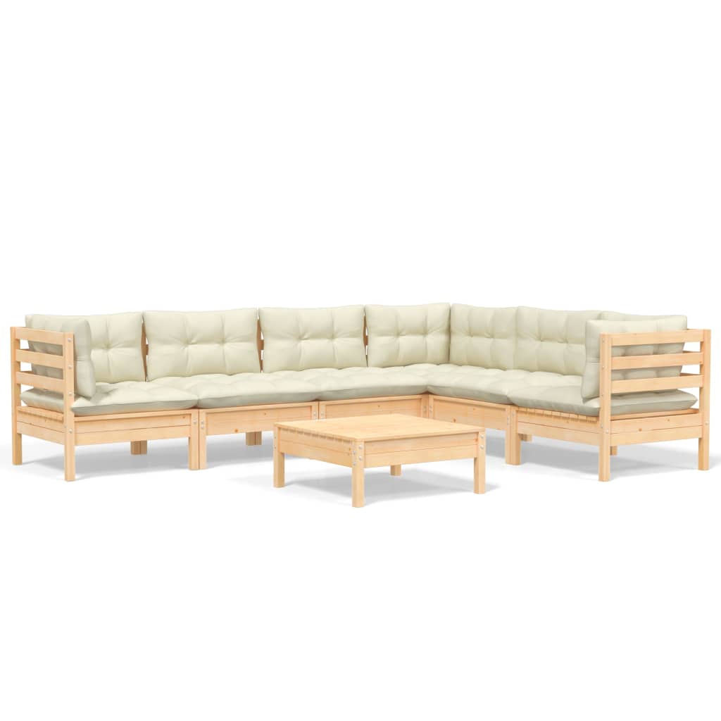 Set Divani da Giardino 7 pz con Cuscini Crema in Massello di Pino
