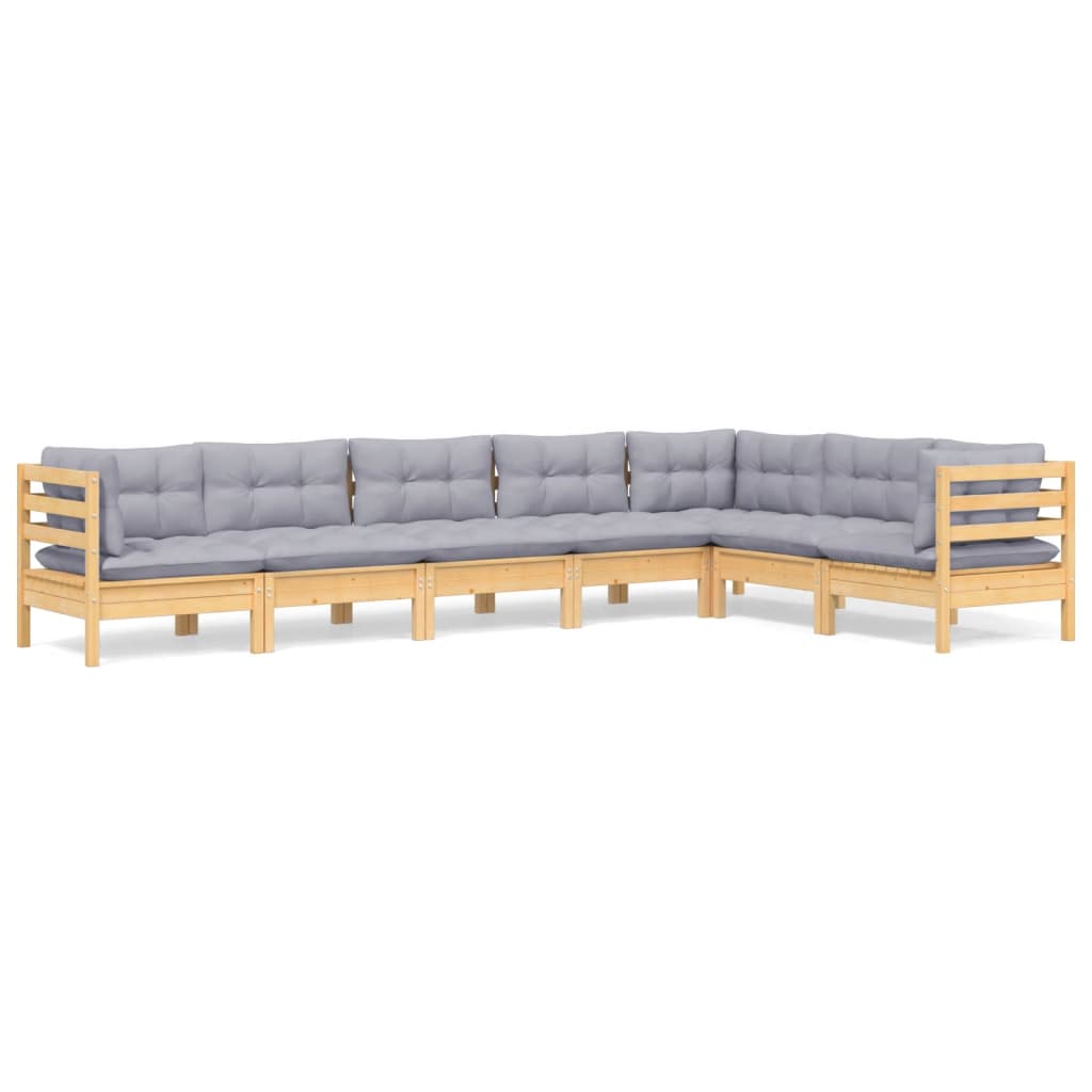 Set Divani da Giardino 7 pz con Cuscini Grigi Massello di Pino
