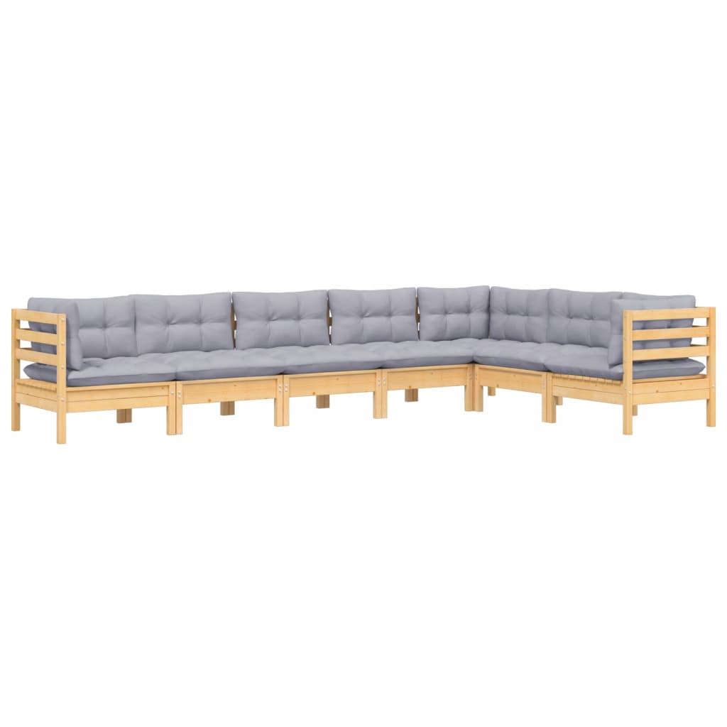 Set Divani da Giardino 7 pz con Cuscini Grigi Massello di Pino