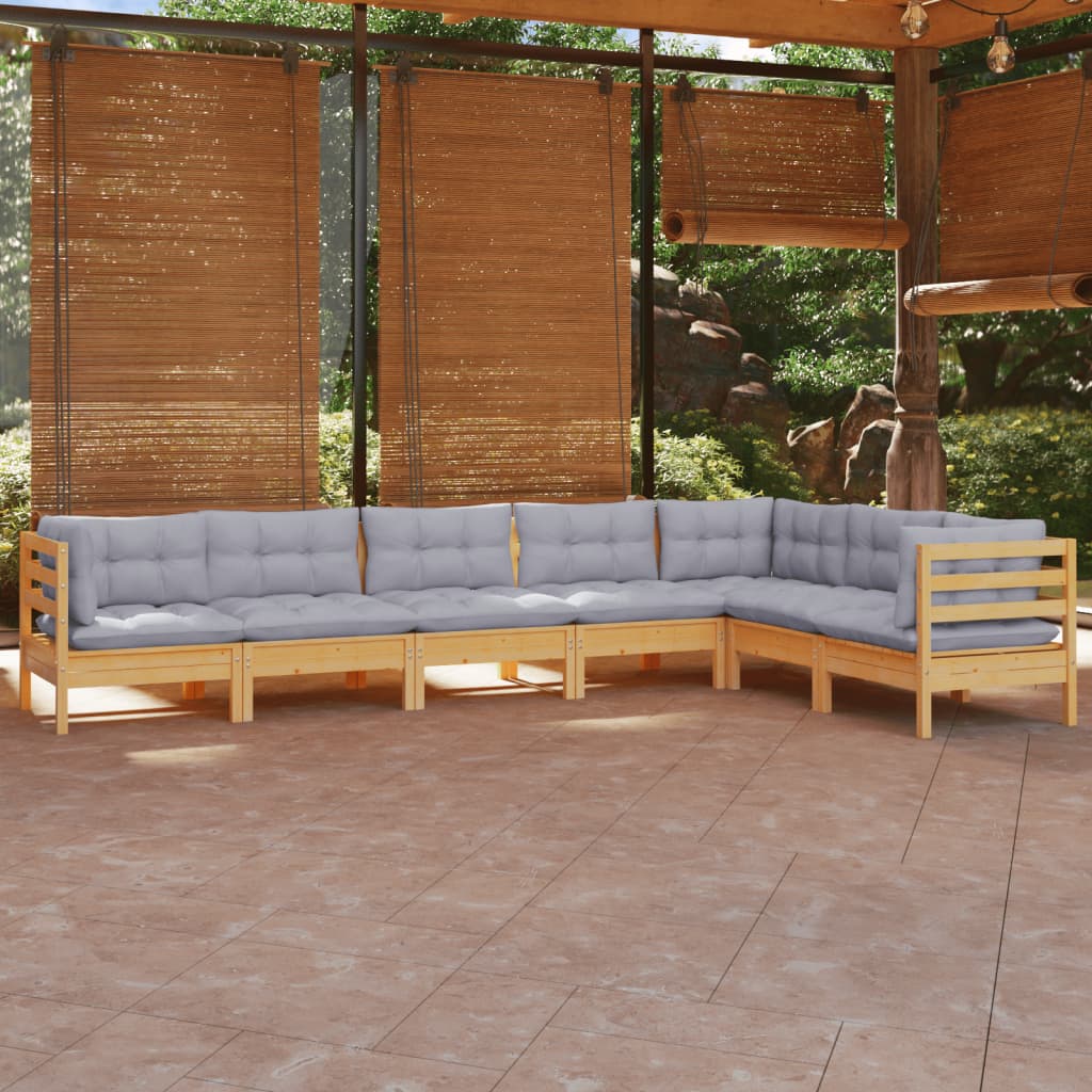 Set Divani da Giardino 7 pz con Cuscini Grigi Massello di Pino