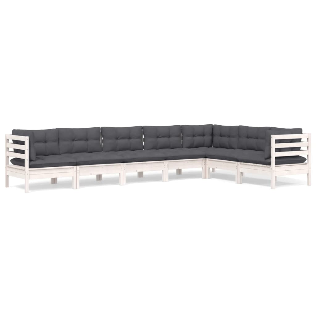 Set Divani da Giardino 7 pz con Cuscini Bianchi Legno di Pino