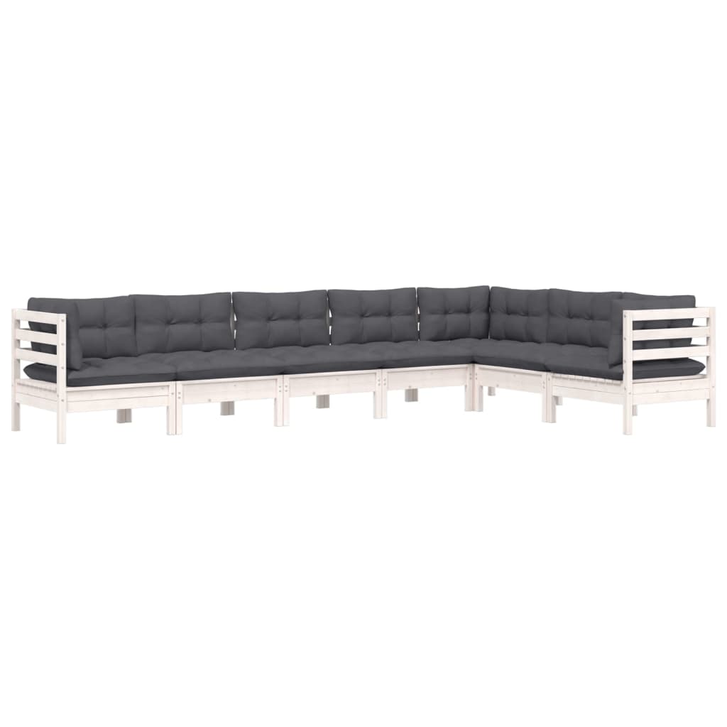 Set Divani da Giardino 7 pz con Cuscini Bianchi Legno di Pino