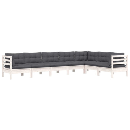 Set Divani da Giardino 7 pz con Cuscini Bianchi Legno di Pino