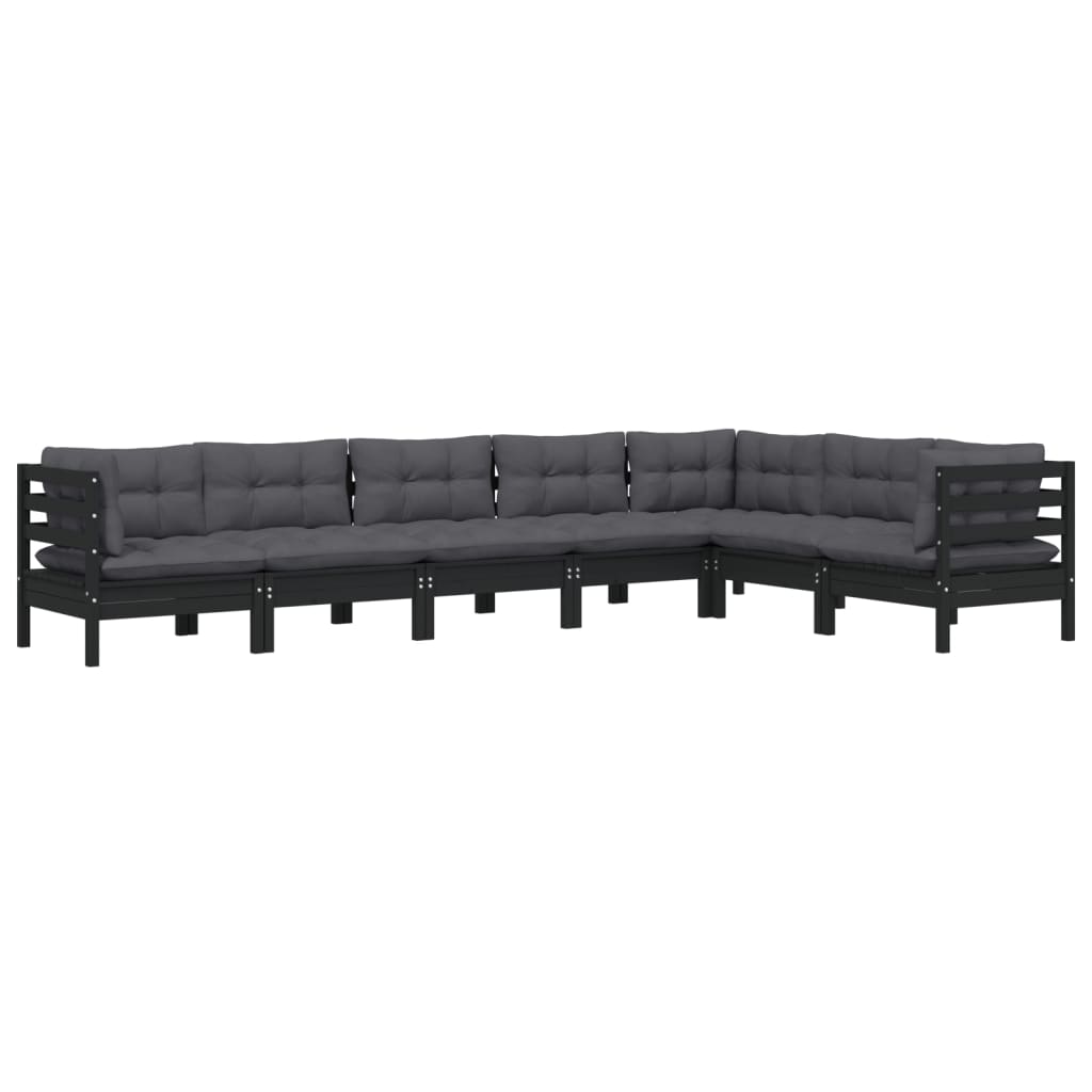 Set Divani da Giardino 7 pz con Cuscini Neri Massello di Pino