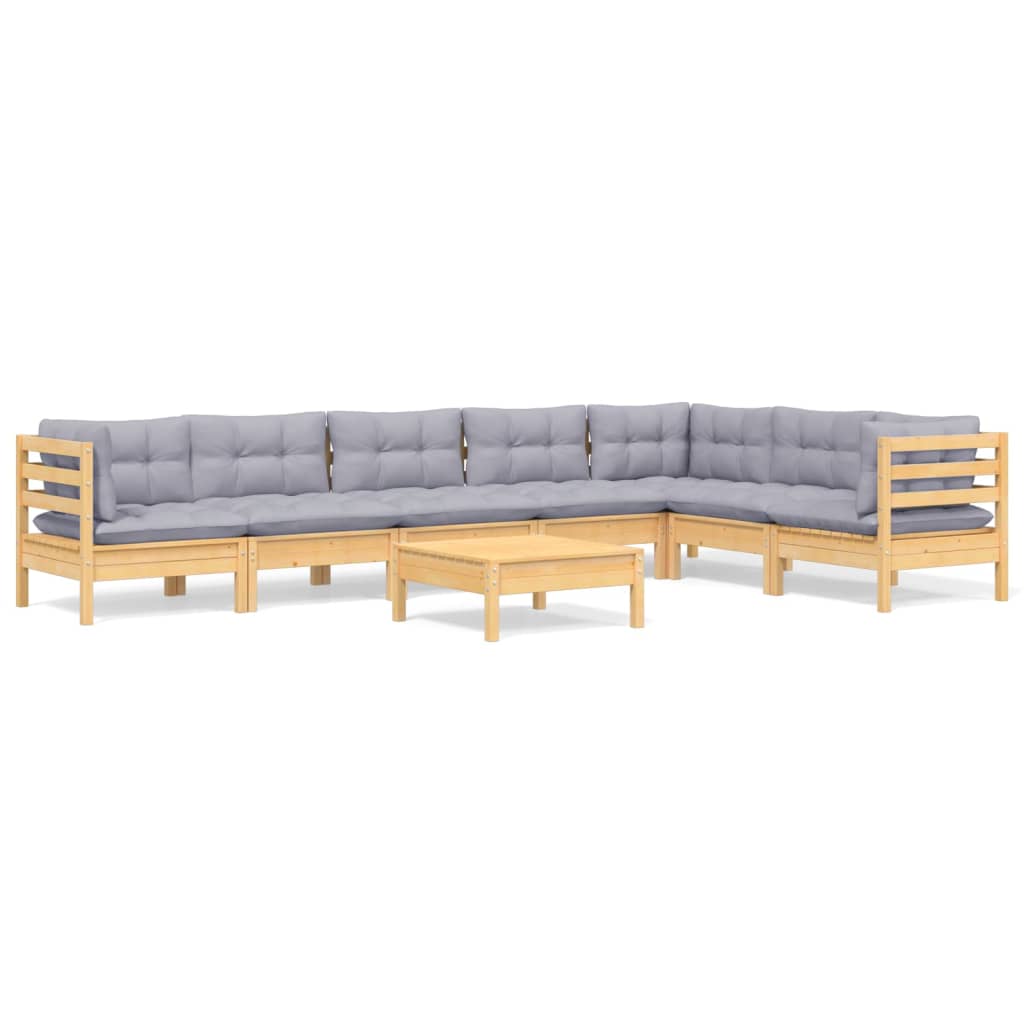 Set Divani da Giardino 8 pz con Cuscini Grigi Massello di Pino