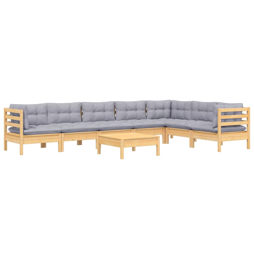 Set Divani da Giardino 8 pz con Cuscini Grigi Massello di Pino