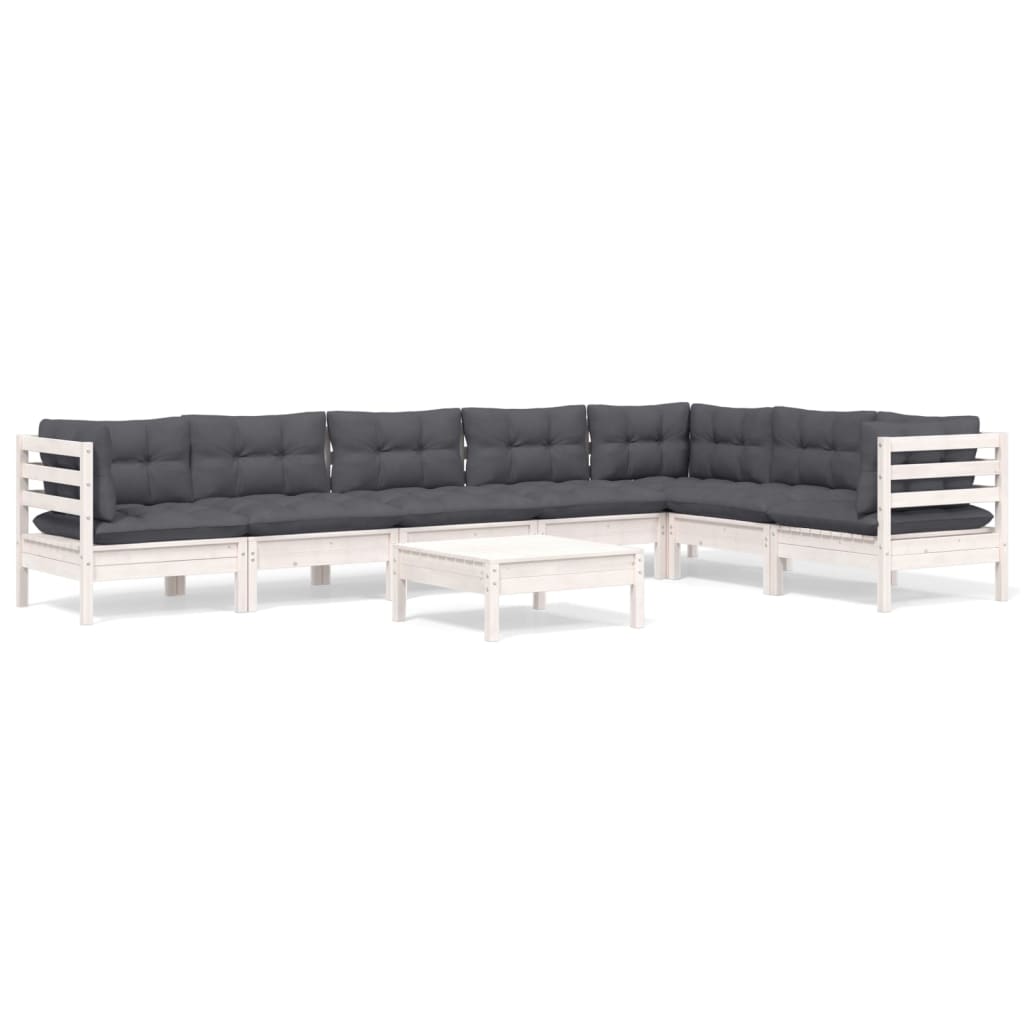 Set Divani da Giardino 8 pz con Cuscini Bianchi Legno di Pino