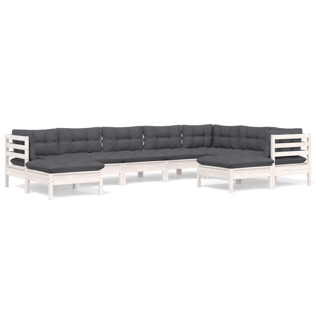Set Divani da Giardino 9 pz con Cuscini Bianchi Legno di Pino