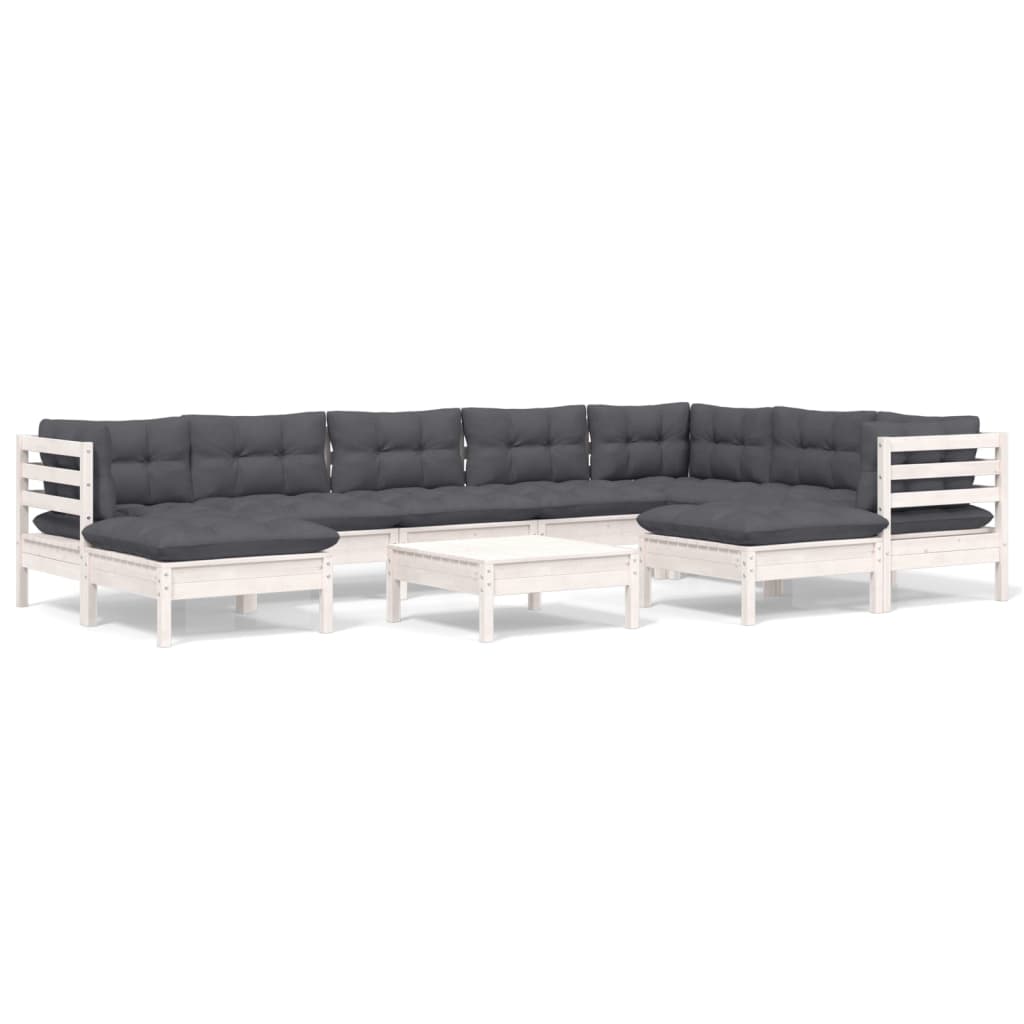 Set Divani da Giardino 10 pz con Cuscini Bianchi Legno di Pino