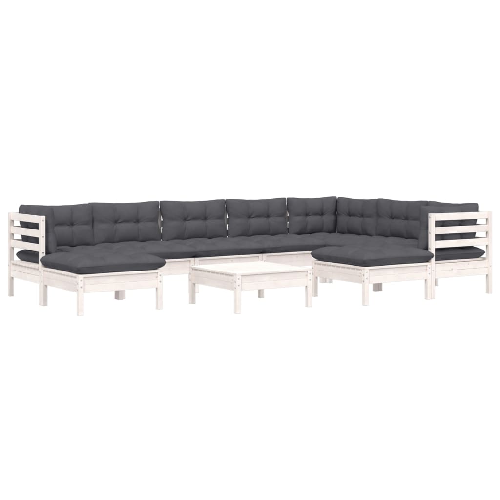Set Divani da Giardino 10 pz con Cuscini Bianchi Legno di Pino