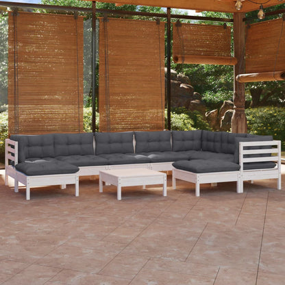 Set Divani da Giardino 10 pz con Cuscini Bianchi Legno di Pino