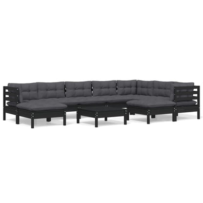 Set Divani da Giardino 10 pz con Cuscini Neri Legno di Pino