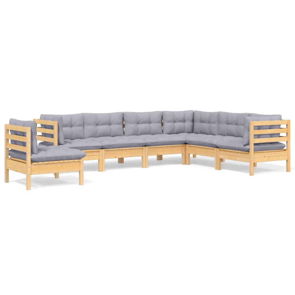 Set Divani da Giardino 7 pz con Cuscini Grigi Massello di Pino