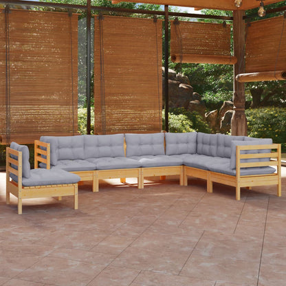 Set Divani da Giardino 7 pz con Cuscini Grigi Massello di Pino