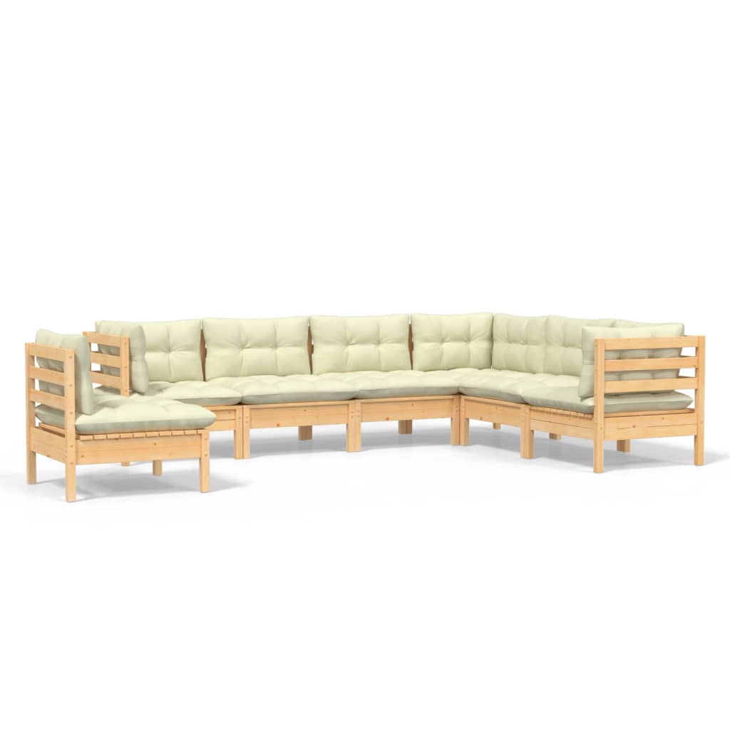 Set Divani da Giardino 7 pz con Cuscini Crema in Massello di Pino