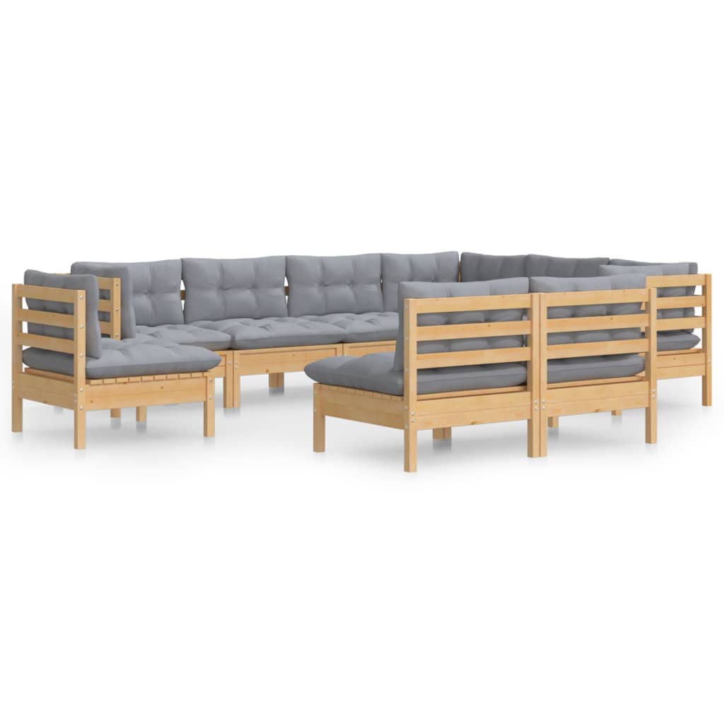 Set Divani da Giardino 9 pz con Cuscini Grigi Massello di Pino
