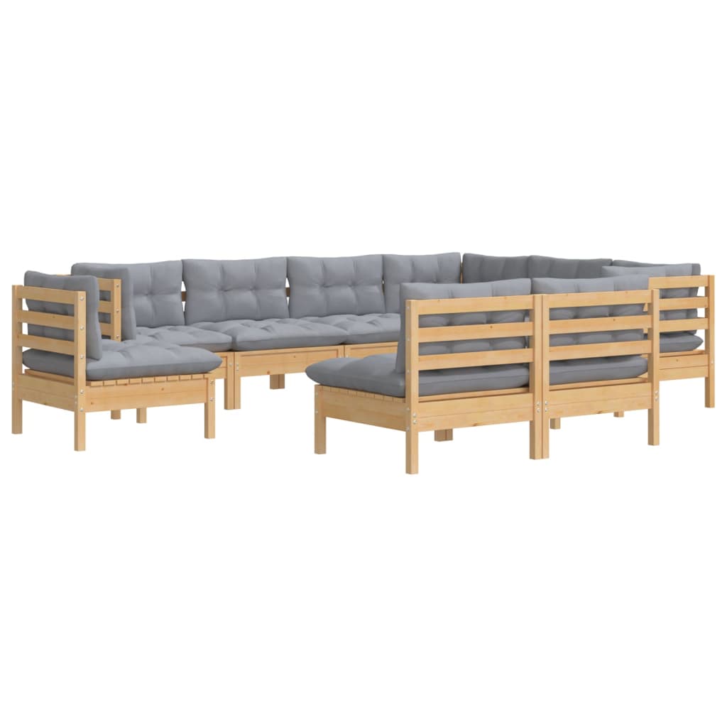 Set Divani da Giardino 9 pz con Cuscini Grigi Massello di Pino