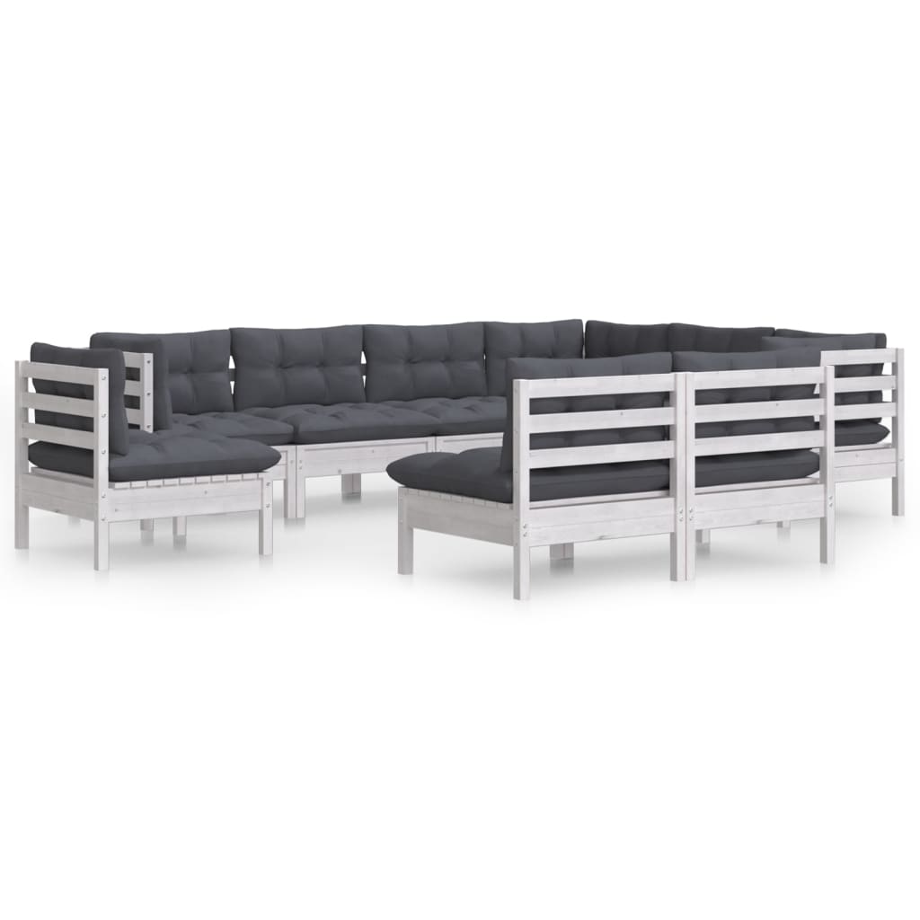 Set Divani da Giardino 9 pz con Cuscini Bianchi Legno di Pino