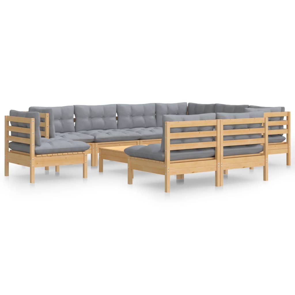 Set Divani da Giardino 10 pz con Cuscini Grigi Massello di Pino