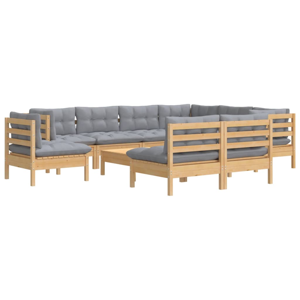 Set Divani da Giardino 10 pz con Cuscini Grigi Massello di Pino