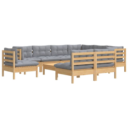 Set Divani da Giardino 10 pz con Cuscini Grigi Massello di Pino