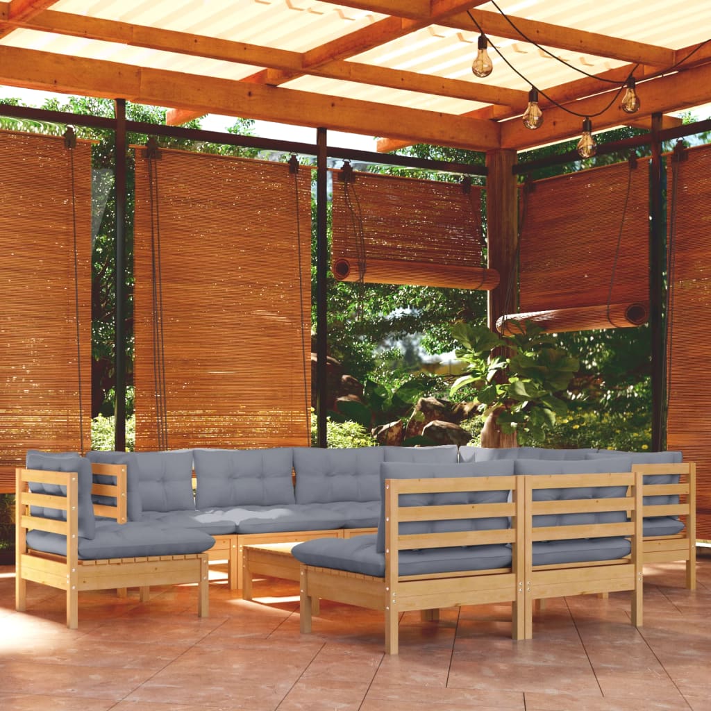 Set Divani da Giardino 10 pz con Cuscini Grigi Massello di Pino