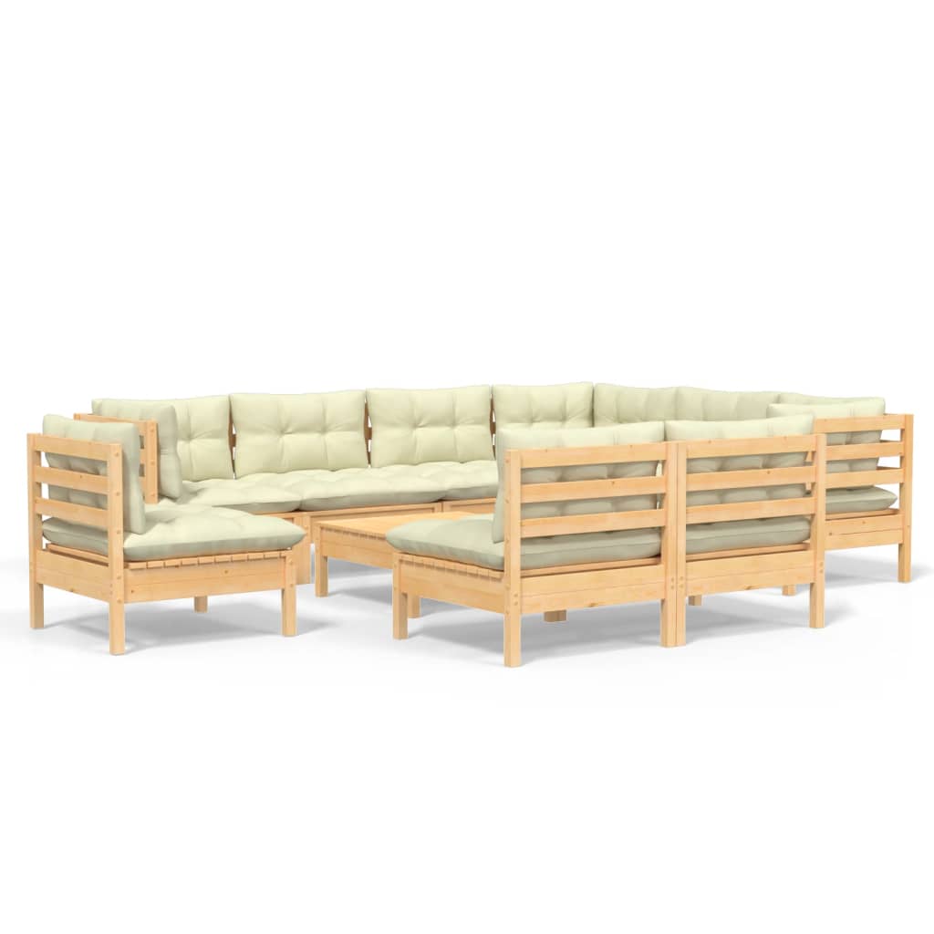 Set Divani da Giardino 10 pz con Cuscini Crema Massello di Pino