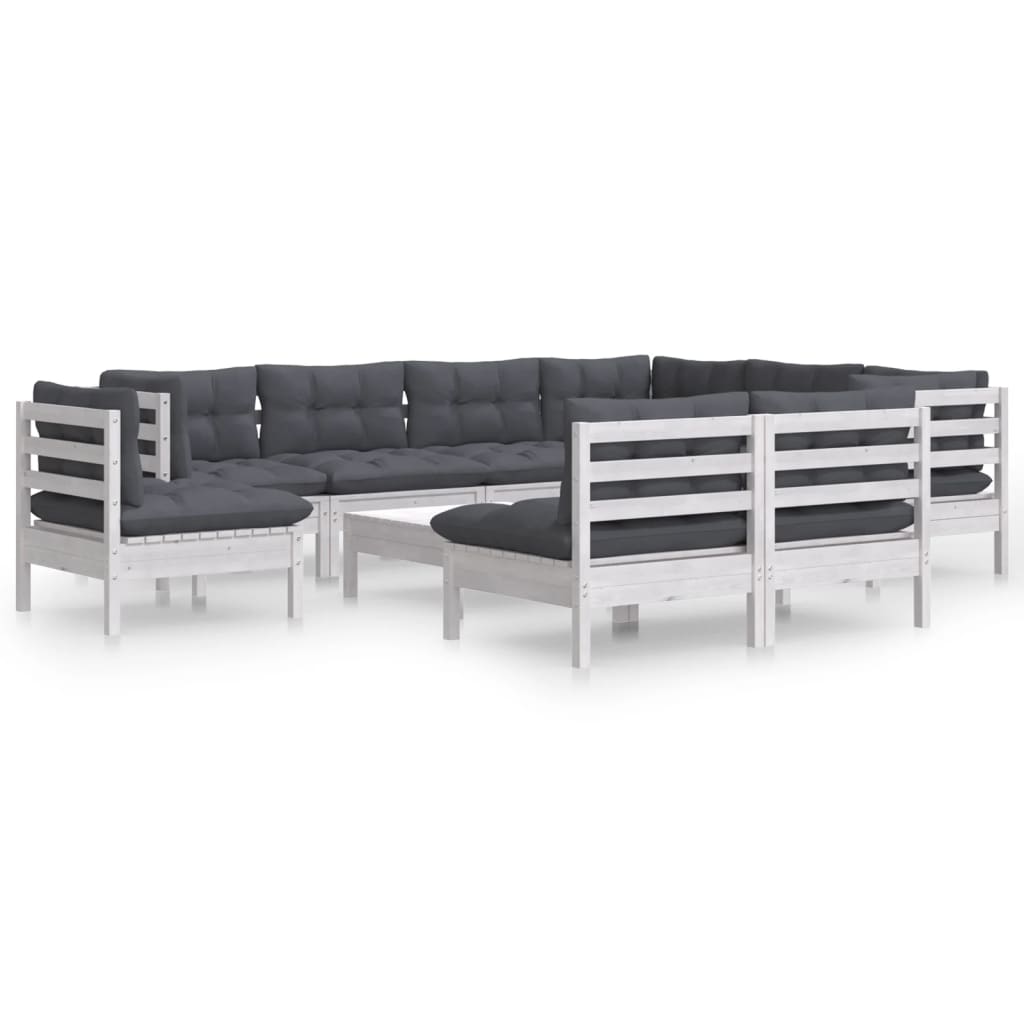 Set Divani da Giardino 10 pz con Cuscini Bianchi Legno di Pino