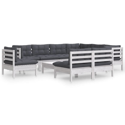 Set Divani da Giardino 10 pz con Cuscini Bianchi Legno di Pino