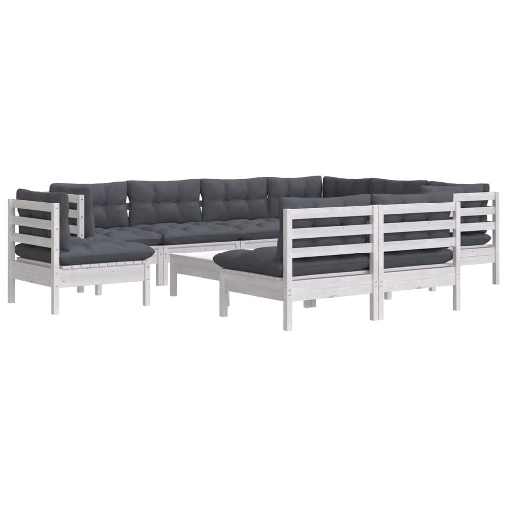 Set Divani da Giardino 10 pz con Cuscini Bianchi Legno di Pino