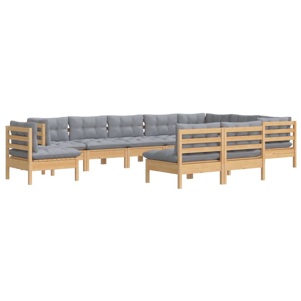 Set Divani da Giardino 10 pz con Cuscini Grigi Massello di Pino