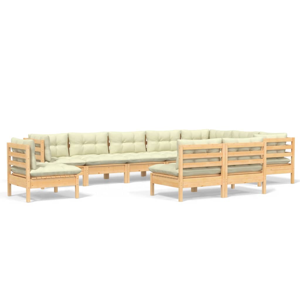 Set Divani da Giardino 10 pz con Cuscini Crema Massello di Pino