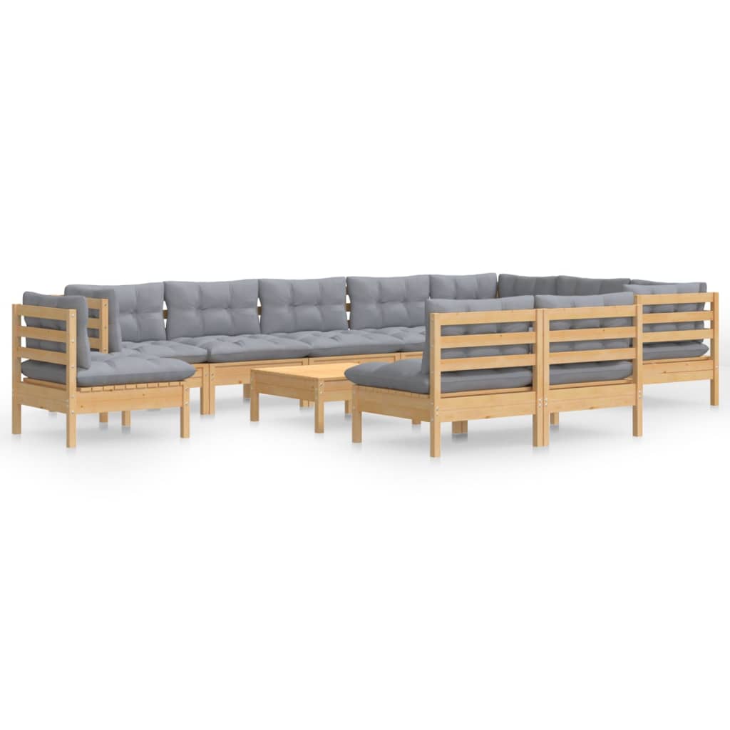 Set Divani da Giardino 11 pz con Cuscini Grigi Massello di Pino